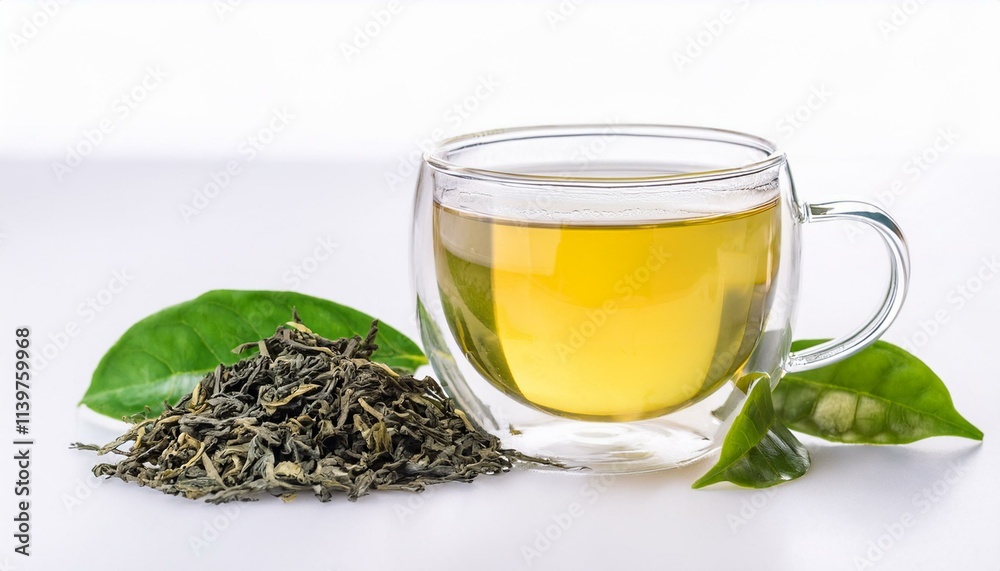 Aromatic tea in glass cup and green leaves isolated background. ai generated Aromatic tea in glass cup and green leaves isolated background. ai generated