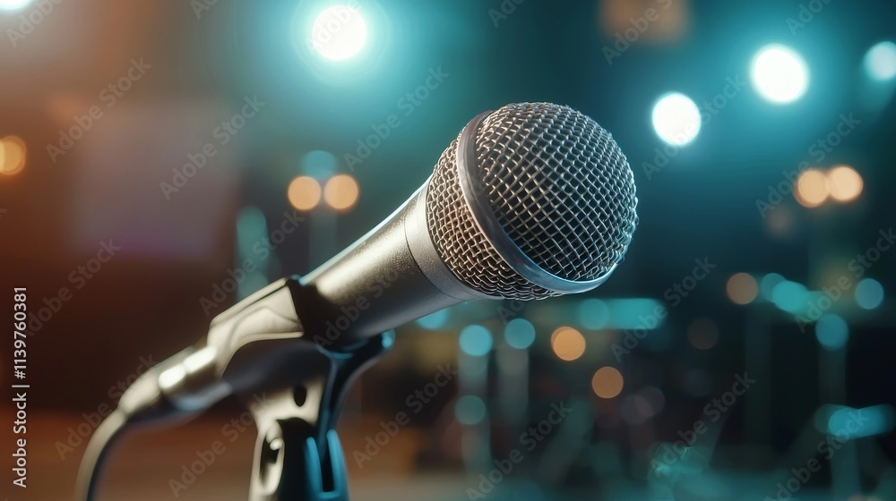 Close-Up of a Professional Microphone Against a Blurry Background of Stage Lights and Equipment in an Intimate Music Venue Setting Close-Up of a Professional Microphone Against a Blurry Background of Stage Lights and Equipment in an Intimate Music Venue Setting