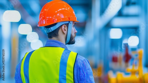 Construction Worker in Orange Safety Helmet and Reflective Vest Observing Industrial Environment with Blurred Background and Safety Equipment photo