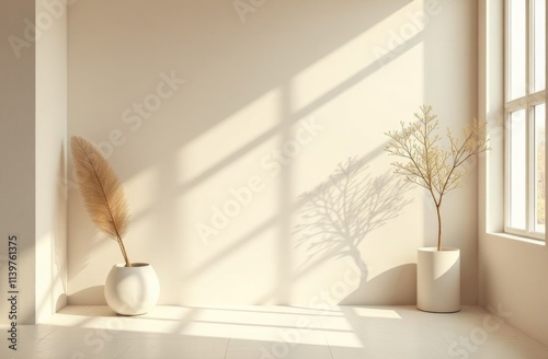 Minimalistic light beige background with window, shadows and daily sunlight