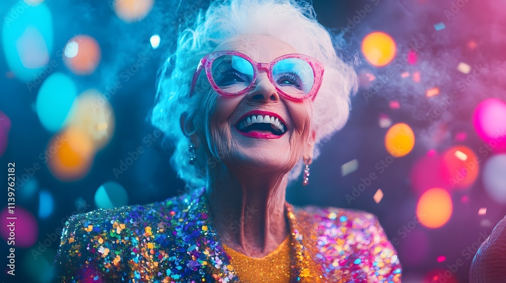 A happy elderly woman celebrating her birthday with a radiant smile, wearing stylish glasses and a sparkling outfit, surrounded by colorful balloons in a festive setting. A happy elderly woman celebrating her birthday with a radiant smile, wearing stylish glasses and a sparkling outfit, surrounded by colorful balloons in a festive setting.