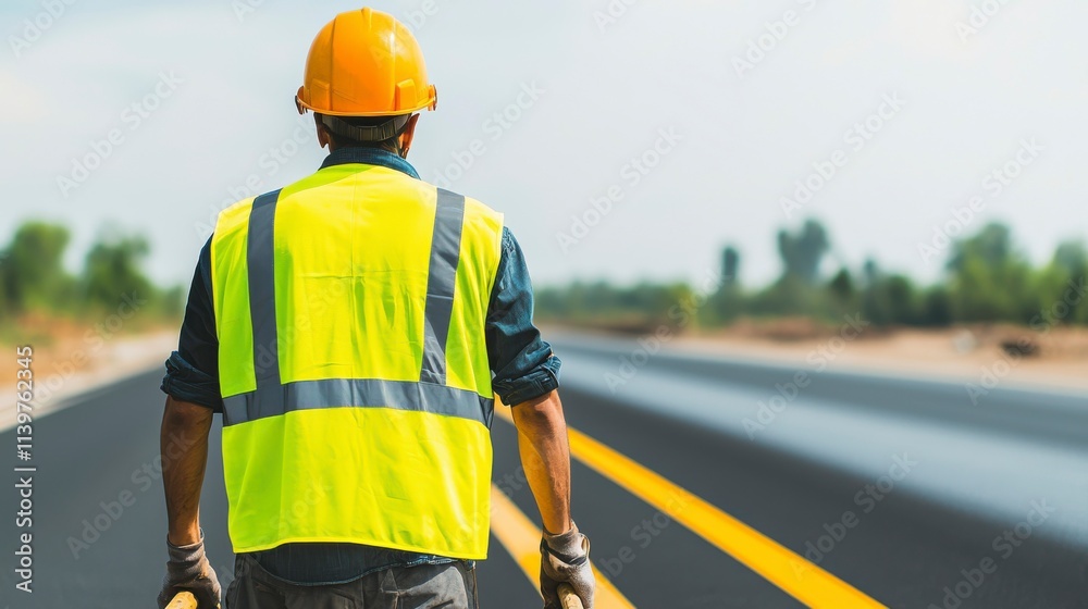 Obraz premium Construction Worker Overseeing New Highway Asphalt Paving in Bright Safety Vest and Helmet, with Clear Blue Sky and Lush Green Scenery in Background