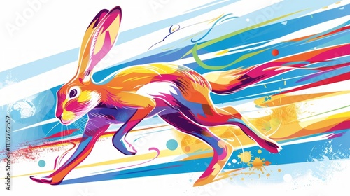 Create a sporty vector rabbit running in a race, with a determined expression on its face. 