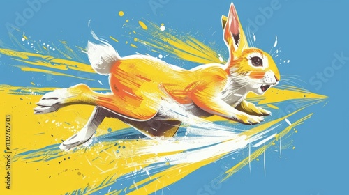 Create a sporty vector rabbit running in a race, with a determined expression on its face. 