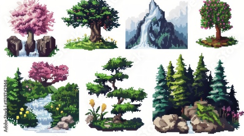 Design a collection of pixel art nature icons, including a tree, a mountain, a flower, and a river. 