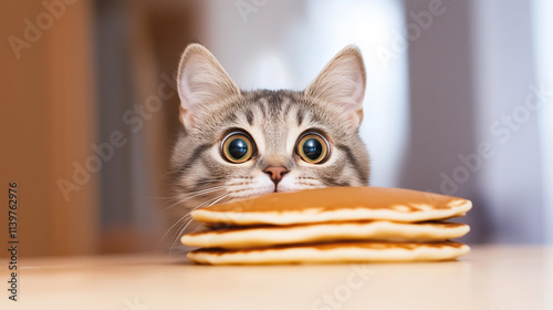 A curious cat peeking over a stack of pancakes on a table, with large expressive eyes and a playful demeanor. photo