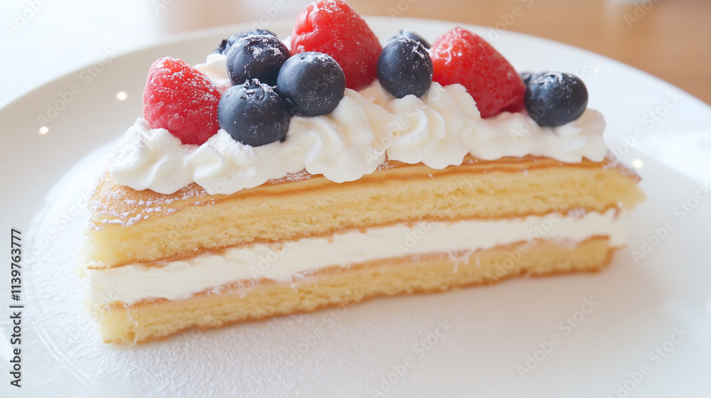A slice of layered cake topped with whipped cream and fresh berries, including strawberries and blueberries, served on a white plate.