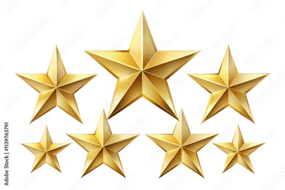 Realistic vector set of metallic golden stars, designed for architectural photography. Features an isolated white background perfect for enhancing visual presentations and creative projects. Realistic vector set of metallic golden stars, designed for architectural photography. Features an isolated white background perfect for enhancing visual presentations and creative projects.