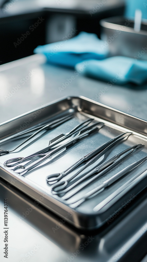 A sealed pack of sterile surgical instruments placed on a stainless steel tray. The background is minimal and clean, emphasizing hygiene and readiness for medical procedures A sealed pack of sterile surgical instruments placed on a stainless steel tray. The background is minimal and clean, emphasizing hygiene and readiness for medical procedures