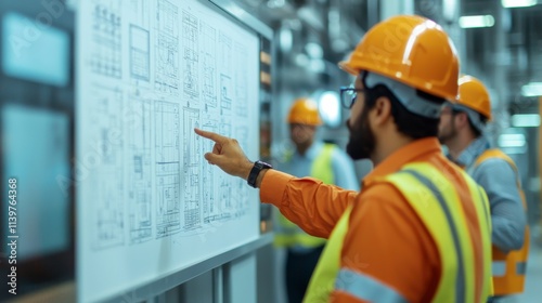 Construction Engineers Reviewing Blueprints in a Modern Industrial Environment with Safety Gear and Collaborative Team Dynamics
