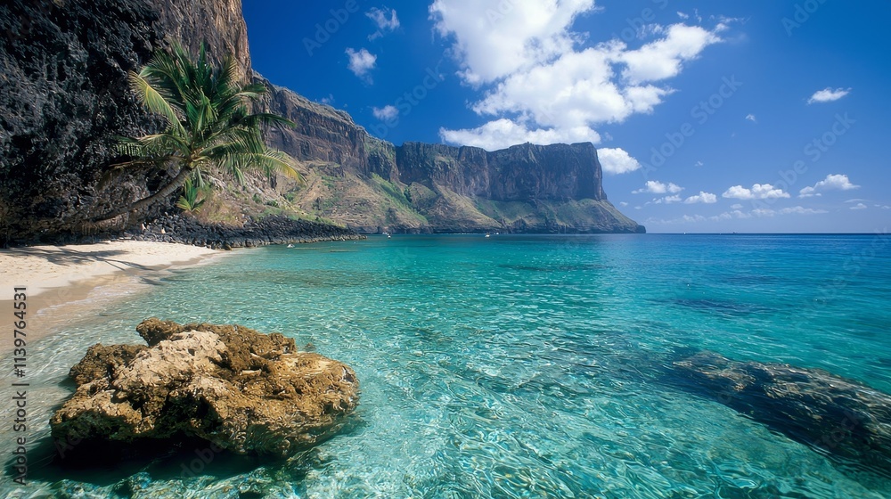 Fototapeta premium Tranquil Beach with Clear Blue Water and Lush Green Cliffs Under a Bright Sky, Ideal for Tropical Paradise and Vacation Imagery