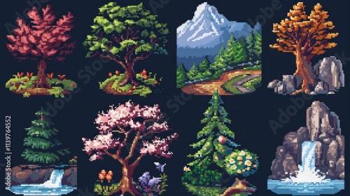 Design a collection of pixel art nature icons, including a tree, a mountain, a flower, and a river. 