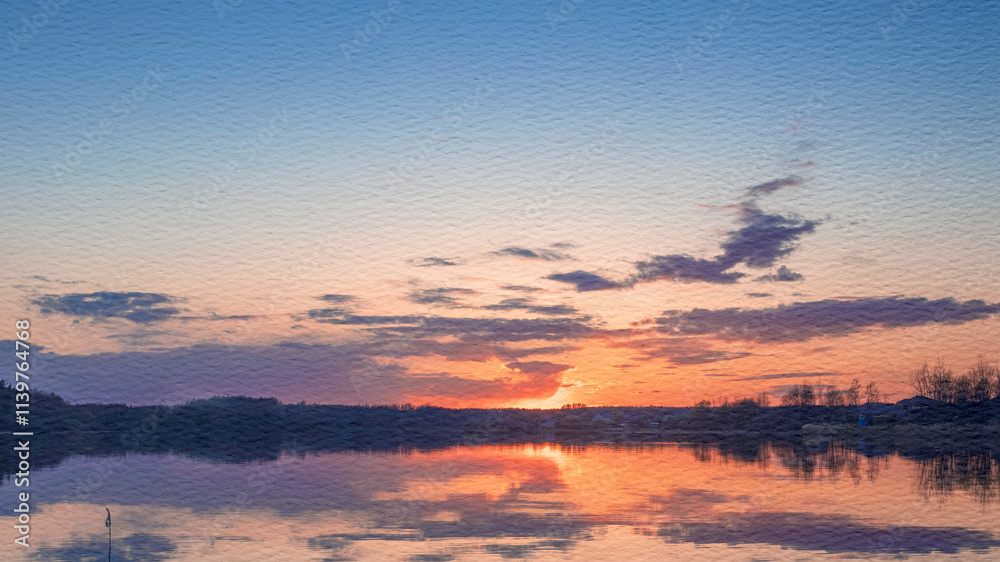 Beautiful sunset over a lake with a reflection of the sun in the water Beautiful sunset over a lake with a reflection of the sun in the water