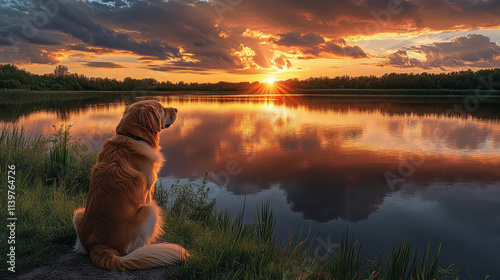 Fototapeta Naklejka Na Ścianę i Meble -  A golden retriever dog sitting by the lake at sunset, with the sun setting in front of it and reflecting on the water surface