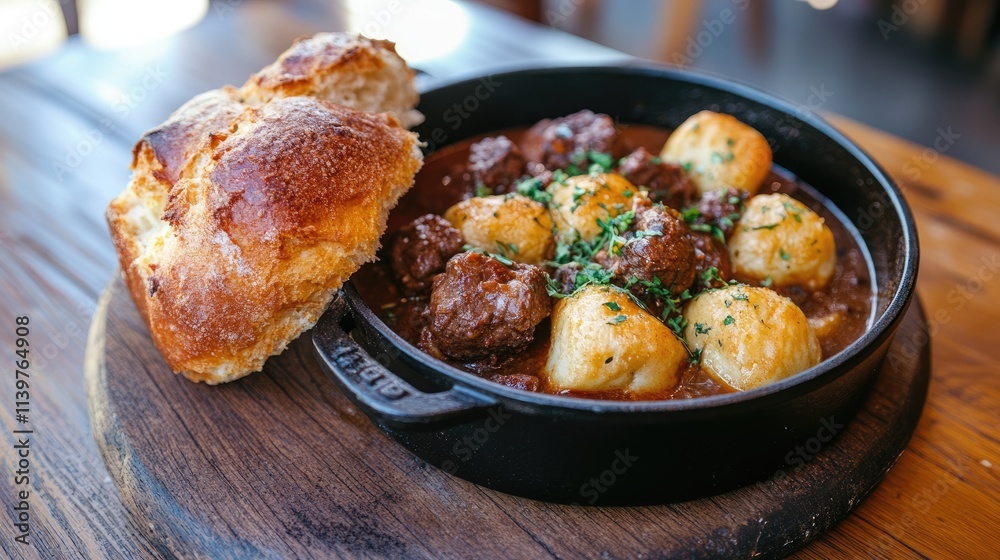 Delicious Beef Stew with Bread on Wooden Table in Restaurant