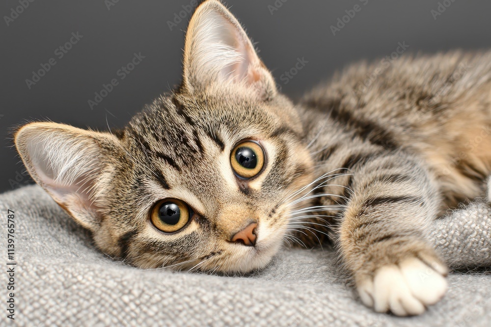 Adorable Young Gray Tabby Cat Relaxing on Soft Cushion with Curious Expression Adorable Young Gray Tabby Cat Relaxing on Soft Cushion with Curious Expression