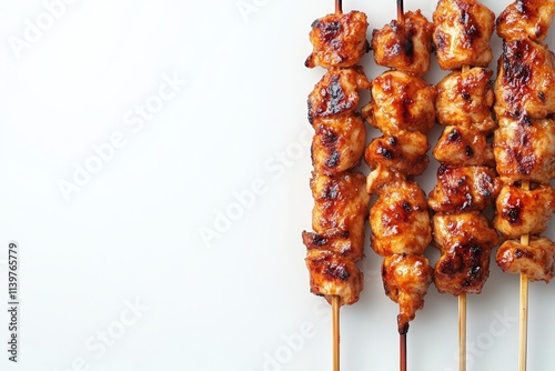 Delicious grilled chicken skewers on white background photo