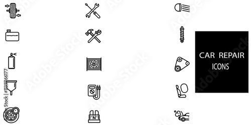 Car repair simple concept 15 icons set. Contains such Garage, engine, oil, maintenance, accelerate .Vector illustration.