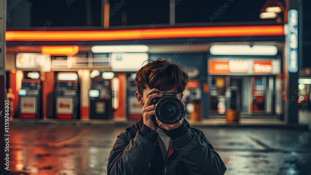 Night Photographer at Gas Station  Urban Scene
