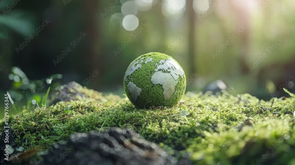 Lush Green Globe Surrounded by Mossy Rocks Depicting Environmental Awareness and Sustainability Concepts in a Natural Forest Setting Lush Green Globe Surrounded by Mossy Rocks Depicting Environmental Awareness and Sustainability Concepts in a Natural Forest Setting