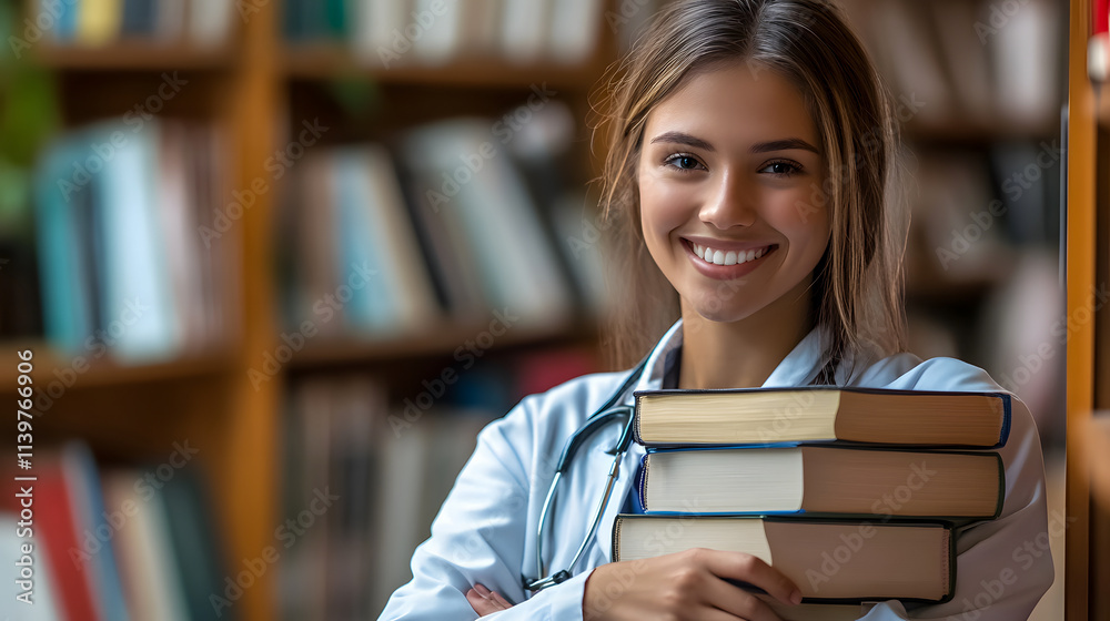 A medical college student surrounded by a stack of books. A medical college student surrounded by a stack of books.