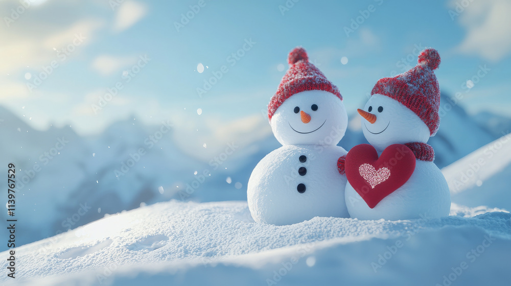Fototapeta premium Snowman couple with heart in winter landscape, celebrating love and joy