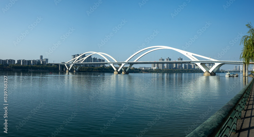 Obraz premium The panoramic view of the modern Guangya Bridge features elegant double white arches over a calm river. Liuzhou, China. Modern cityscape with transport infrastructure along beautiful riverbank.