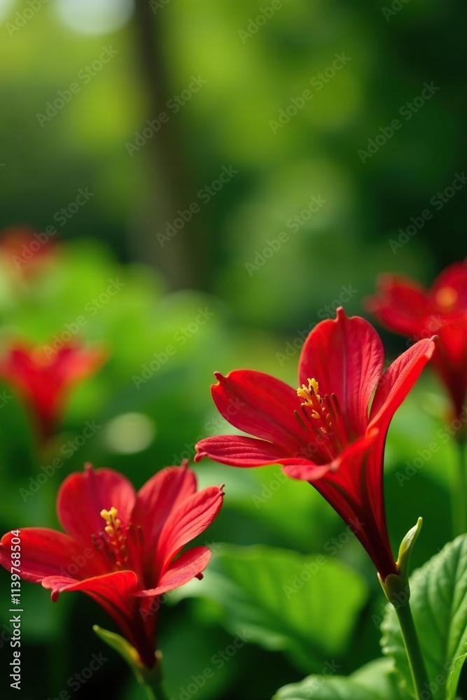 Red Alstroemeria flowers and green foliage in a garden landscape, red, alstroemeria, flowers in garden Red Alstroemeria flowers and green foliage in a garden landscape, red, alstroemeria, flowers in garden