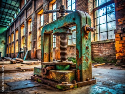 Rusted vintage iron press tool resting in an abandoned industrial site, showcasing captivating industrial decay through striking photography that evokes nostalgia and the passage of time. photo