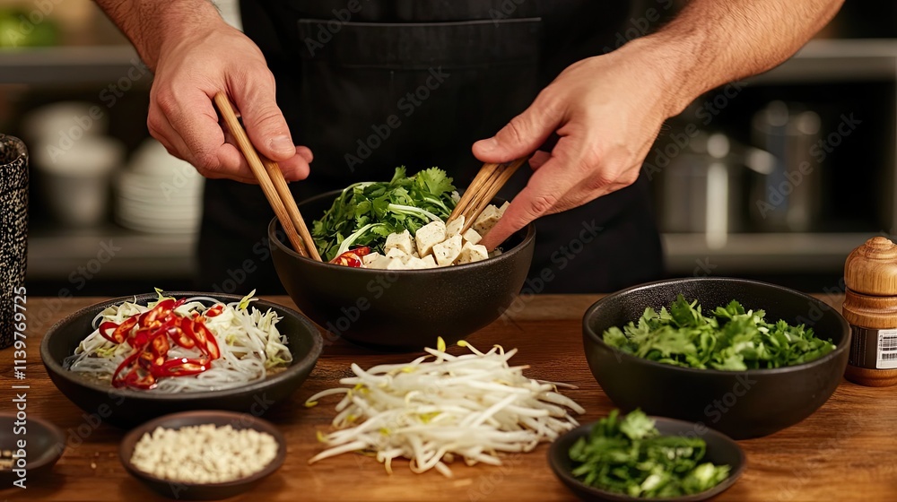 Hands preparing fresh salad with ingredients in modern kitchen Hands preparing fresh salad with ingredients in modern kitchen