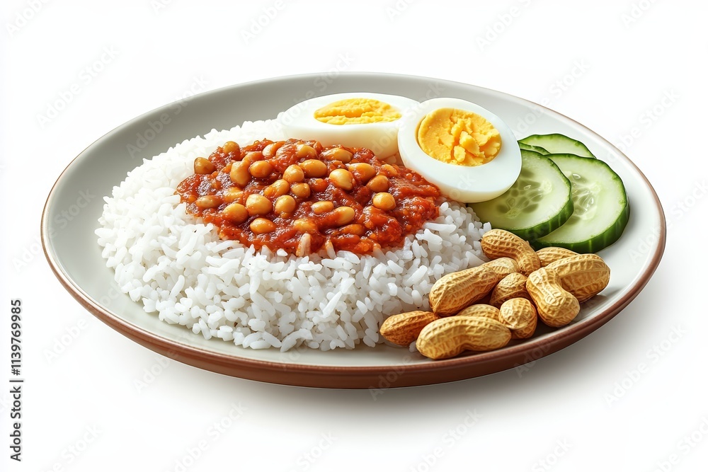 Delicious Nasi Lemak with peanuts, cucumber, and hard boiled egg. Delicious Nasi Lemak with peanuts, cucumber, and hard boiled egg.