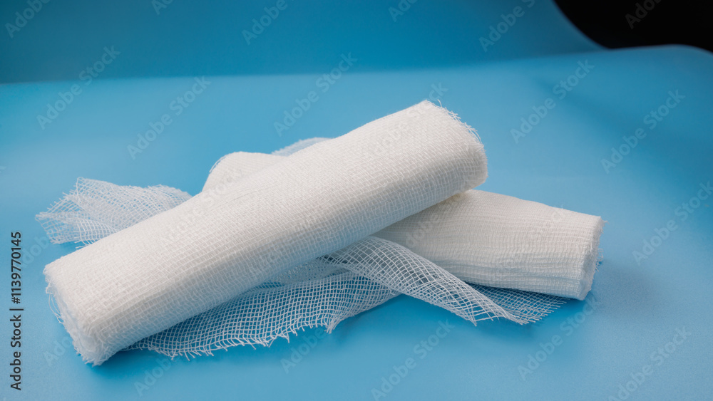 Fototapeta premium Gauze medical bandage on a blue background. Bandages for dressing. Two rolls of bandages.