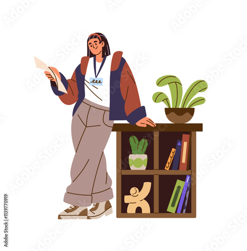 Young woman with documents in hands leans on wooden bookcase with houseplants,books. Happy girl in casual clothes holds, looks at paper and reads. Flat isolated vector illustration on white background