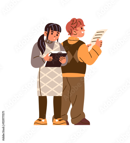 Students perform with class report, presentation together. Kids stand, hold paper and read. Cute children with sheets answer at lesson. School education. Flat isolated vector illustration on white