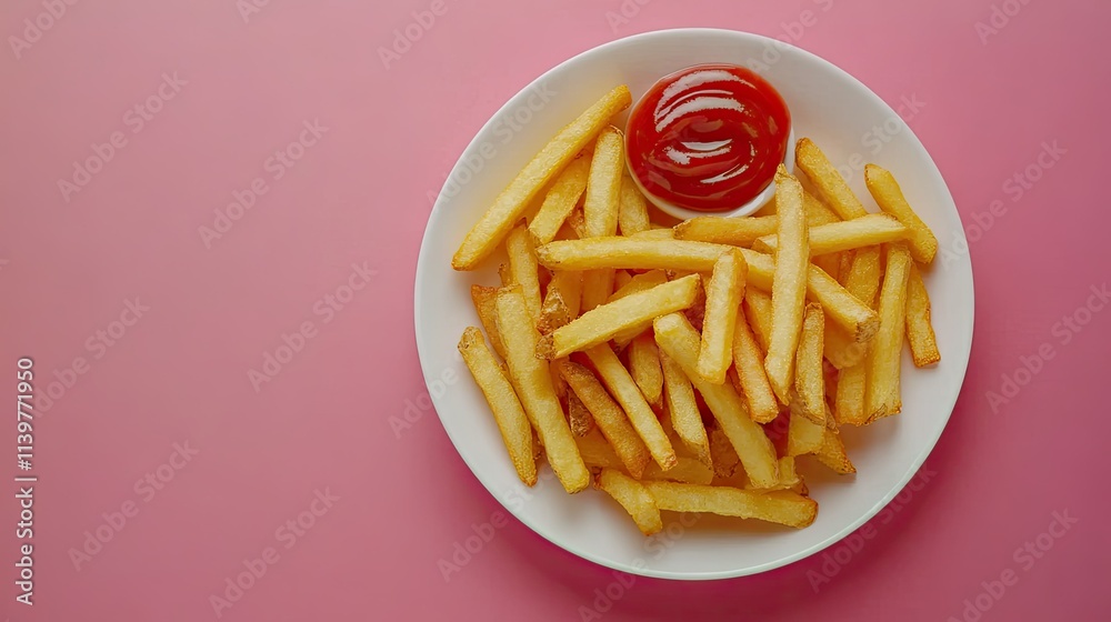 Crispy French Fries with Ketchup on Pink Background Crispy French Fries with Ketchup on Pink Background