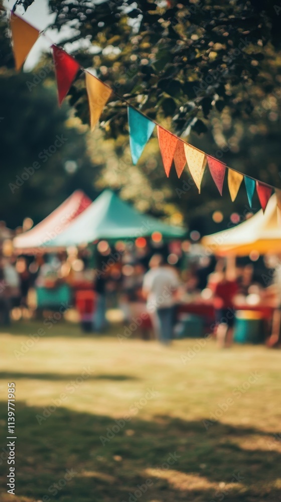 Vibrant Festival Atmosphere: Colorful Bunting and Blurred Crowd Vibrant Festival Atmosphere: Colorful Bunting and Blurred Crowd