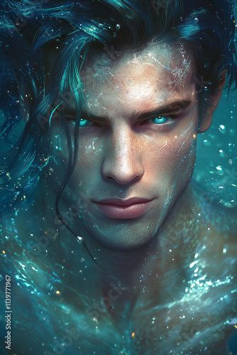 A close-up portrait of a mesmerizingly handsome merman, the main character of a fantasy book, possibly featured on the book cover. 