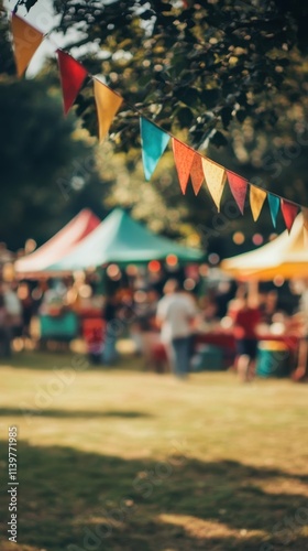 Vibrant Festival Atmosphere: Colorful Bunting and Blurred Crowd