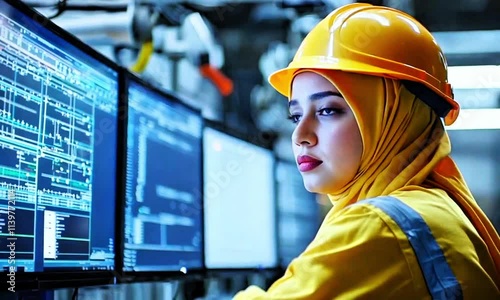 Female engineer wearing hard hat, monitoring industrial screens, modern factory setting, professional woman in technology, manufacturing process, innovation, workplace diversity, skilled technical exp