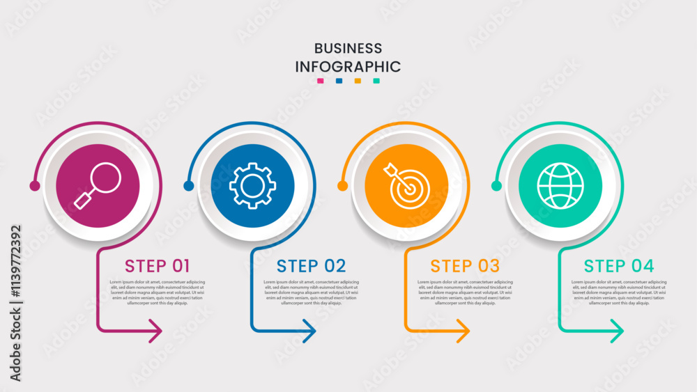 Business infographic template. 4-Step timeline journey. Process diagram, 4 options on white background, Info graph elements vector illustration. Business infographic template. 4-Step timeline journey. Process diagram, 4 options on white background, Info graph elements vector illustration.