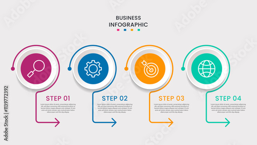 Business infographic template. 4-Step timeline journey. Process diagram, 4 options on white background, Info graph elements vector illustration.