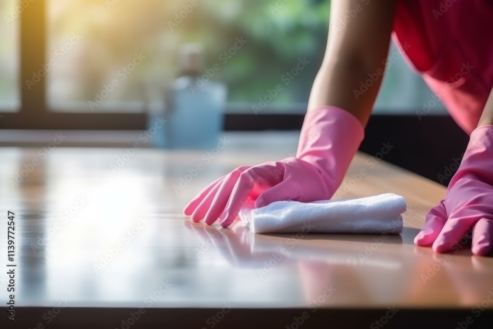 Closeup of a cleaner wearing pink gloves and wiping a wooden table with white cloth Closeup of a cleaner wearing pink gloves and wiping a wooden table with white cloth