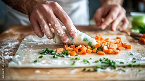 Preparing Fresh Spring Rolls with Colorful Vegetables