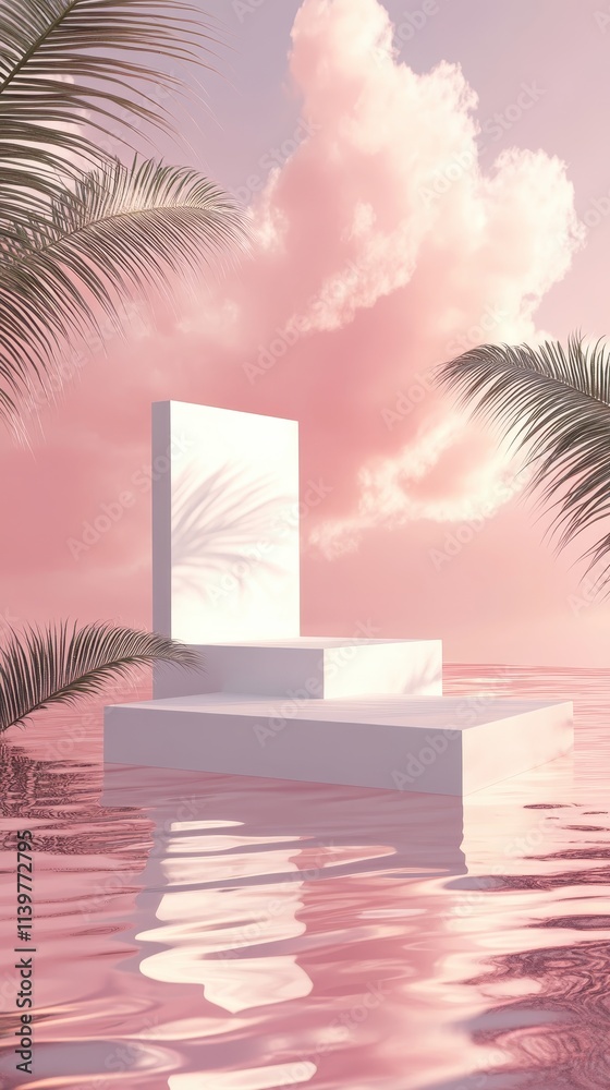 Obraz premium 3d background product display podium scene with leaf geometric platform,cloud and sky, palm shadows and white stone podium,Mockup for eco beauty cosmetic advertising,Copy space.