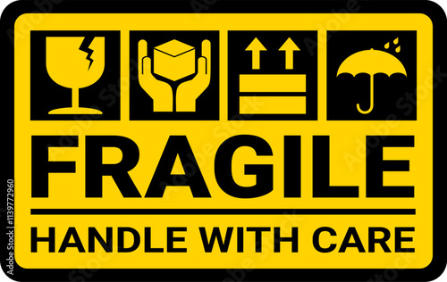 sticker fragile handle with care, yellow warning label, fragile label with broken glass symbol, vector asset. keep dry and avoid liquid sign