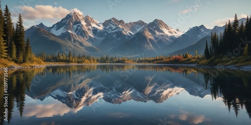 Reflections of towering mountain peaks in a serene and peaceful Alaskan lake, water, serene, natural beauty