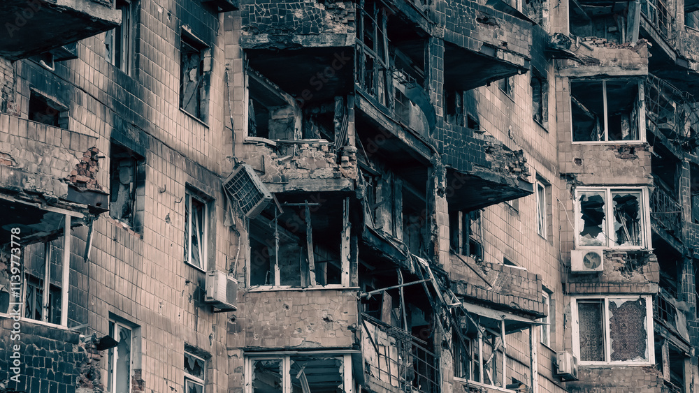 destroyed and burned houses in the city in Ukraine destroyed and burned houses in the city in Ukraine