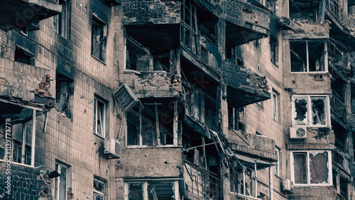 destroyed and burned houses in the city in Ukraine