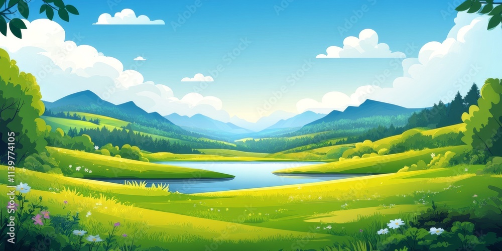 Sunny meadow with shadows of trees and distant hills Sunny meadow with shadows of trees and distant hills