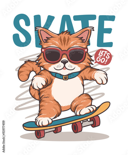 Cute Cat Play Skateboard Hand Drawn Vector Illustration Design